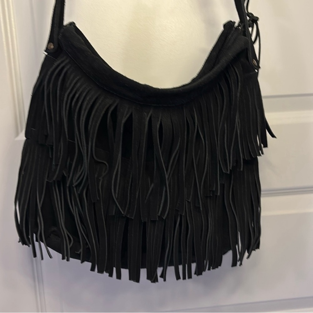 Faux suede fringe black crossbody satchelpurse western boho medium size